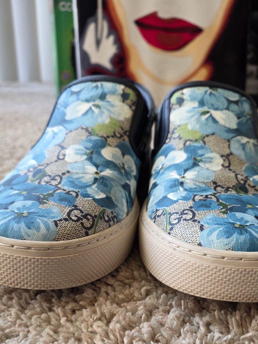 Mens's Gucci Blue Floral Slip-On Sneakers Size 9G - Picture 5 of 9